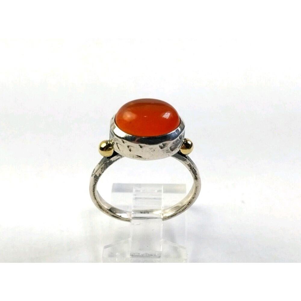 Natural Carnelian & 925 Sterling Silver Ring With Gold Accents. Vintage Size 9